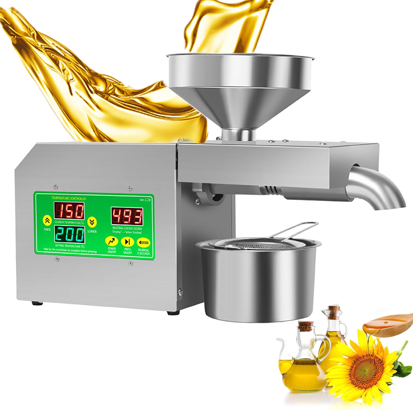 Eoweiot Electric Oil Press Machine, Commercial Nuts Seeds Oil Grinder with Hot/Cold Pressing Modes,for Walnuts, Sesame, Sunflower Seeds