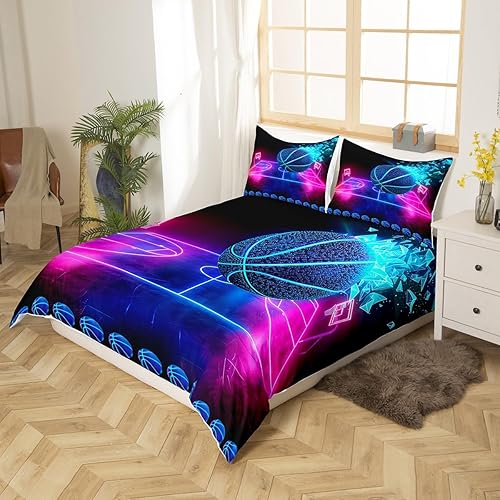 Miniatura 2 de Erosebridal Juego de funda de edredón de baloncesto, tamaño Queen, juego de ropa de cama deportiva para niños, niñas, adolescentes, azul, morado,