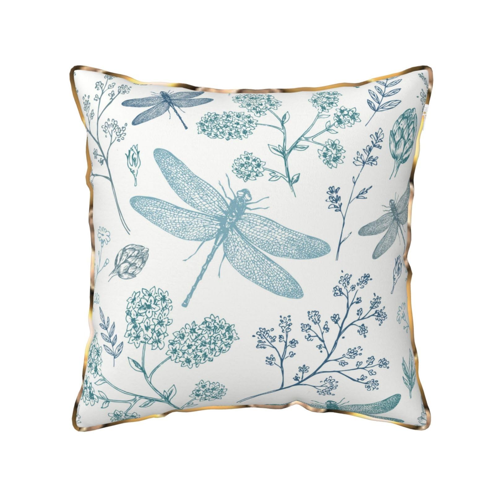 AUBKFELD Dragonfly Printed Velvet Cushion Cover 45x45 CM with Gold Edging Strip, Square Pillowcase Soft Throw Pillow Covers Case Decorative for Living Room Sofa Couch Bed Bench