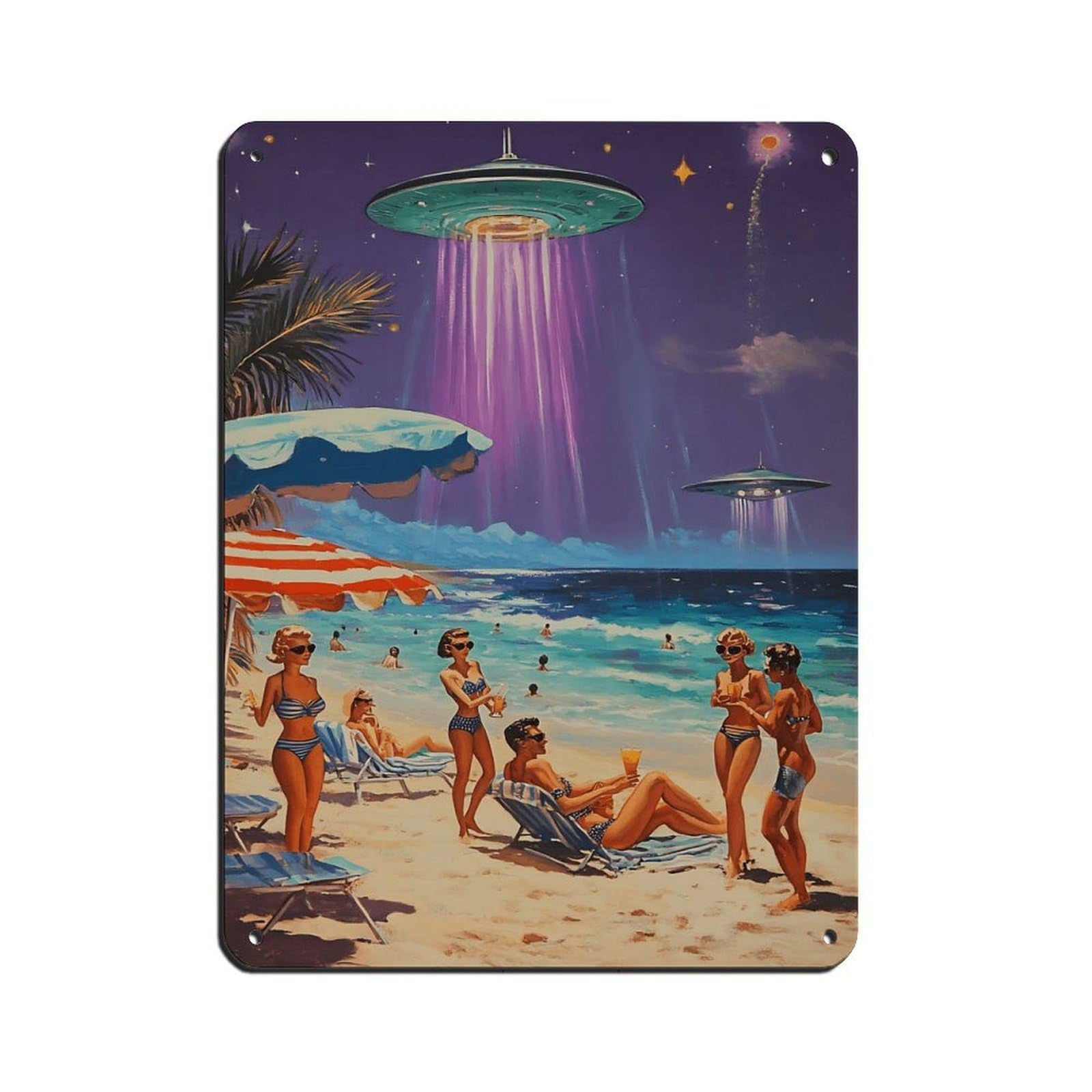 Retro Sci-Fi Beach,UFO Artwork Retro Poster Metal Tin Sign Chic Art Retro Iron Painting Bar People Cave Cafe Family Garage Poster Wall Decoration 12x16inch(30x40cm)