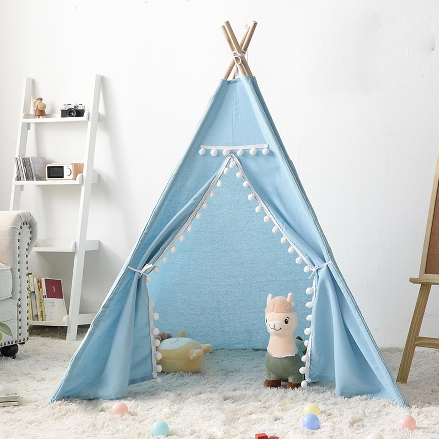 Canvas Teepee Tent for Kids Foldable, Girl and Boy Canvas Play Tent Children Outdoor Garden Beach Wigwam,Blue — image 1