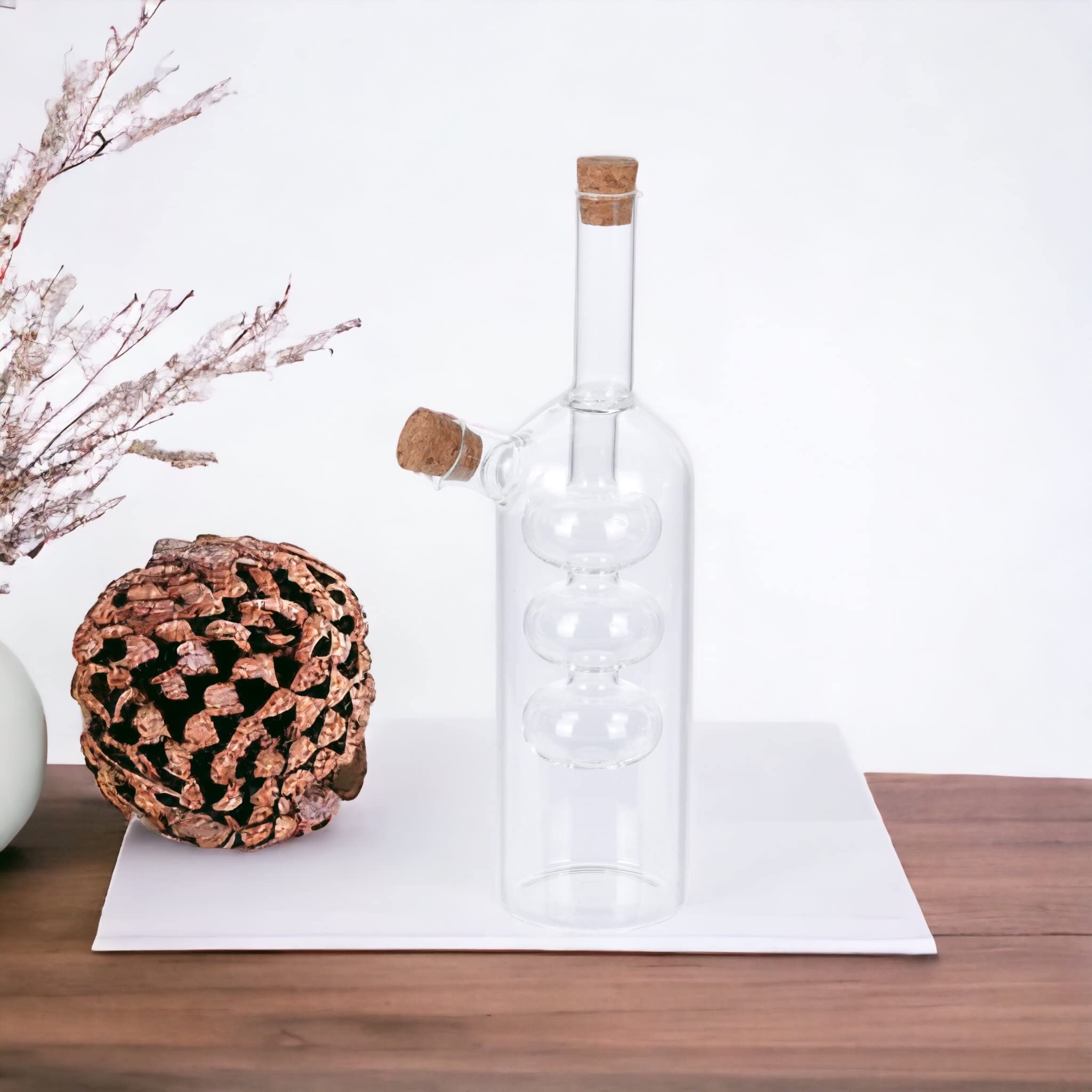 MIJOMA Oliedispenser 2-in-1 azijn- en oliefles met 2 openingen en kurk, glazen karaf om te vullen, glazen fles met inzetstuk (300 ml fles, 22 x 5,7 cm