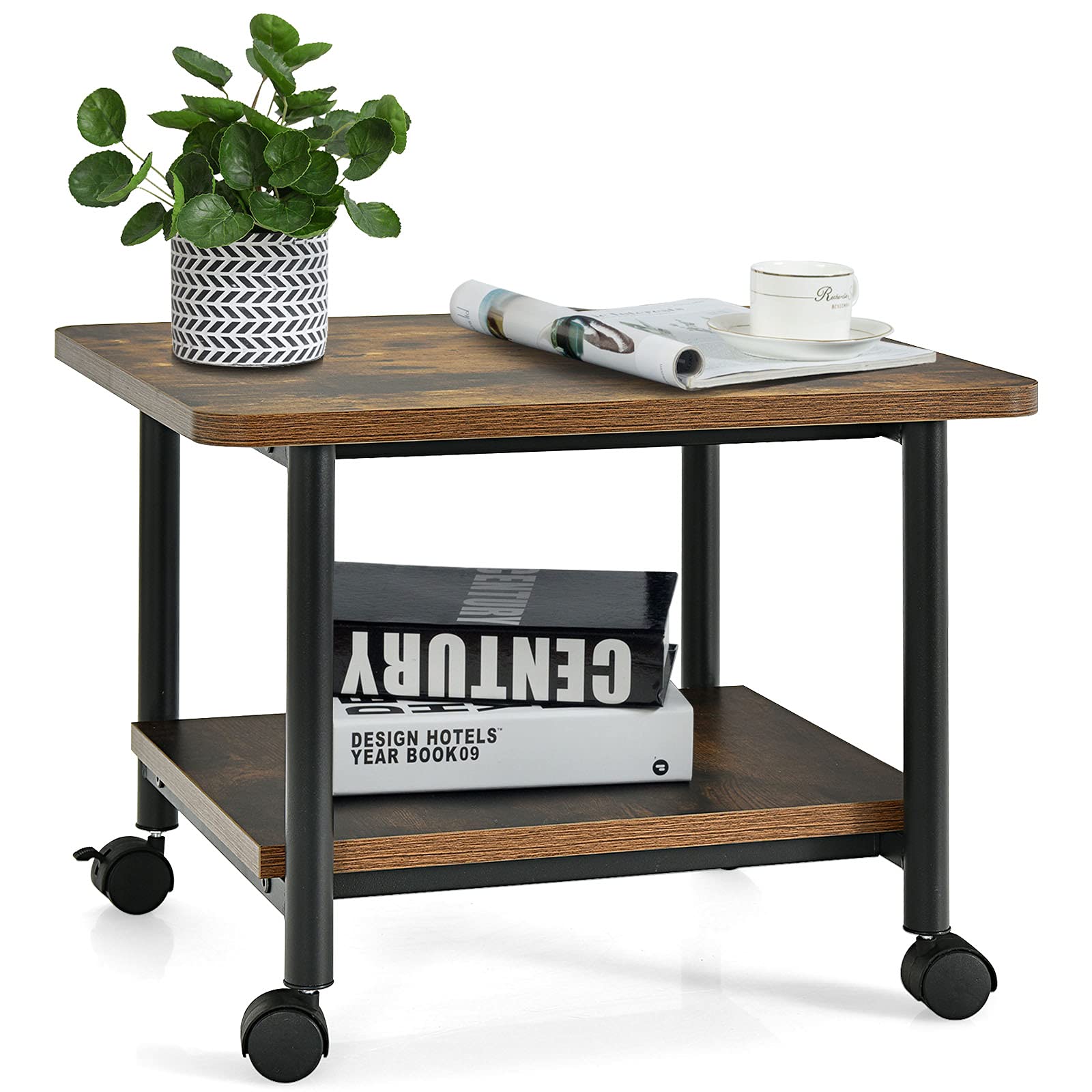 RELAX4LIFE Druckerständer mobil, Druckertisch mit 4 Universalräder(2 arretierbar), Druckerwagen mit 2 Ablagen, platzsparender Multifunktionswagen für Büro & Zuhause, Drucker Ständer Holz (Braun)