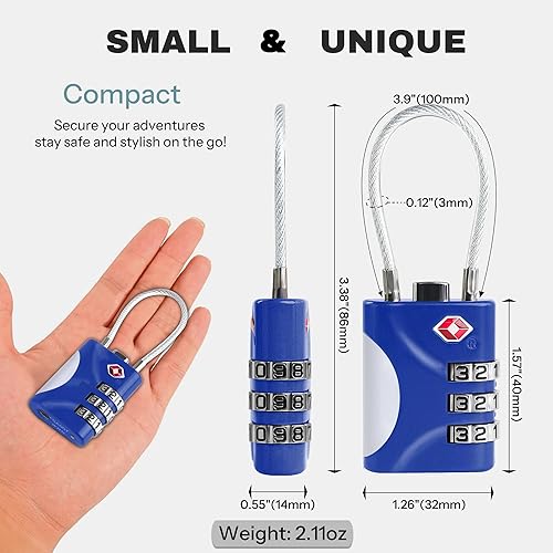 Miniatura 2 de Cerraduras aprobadas por la TSA para equipaje, cerradura combinada pequeña con código, candado de viaje con cable, candado TSA 007 para maleta,