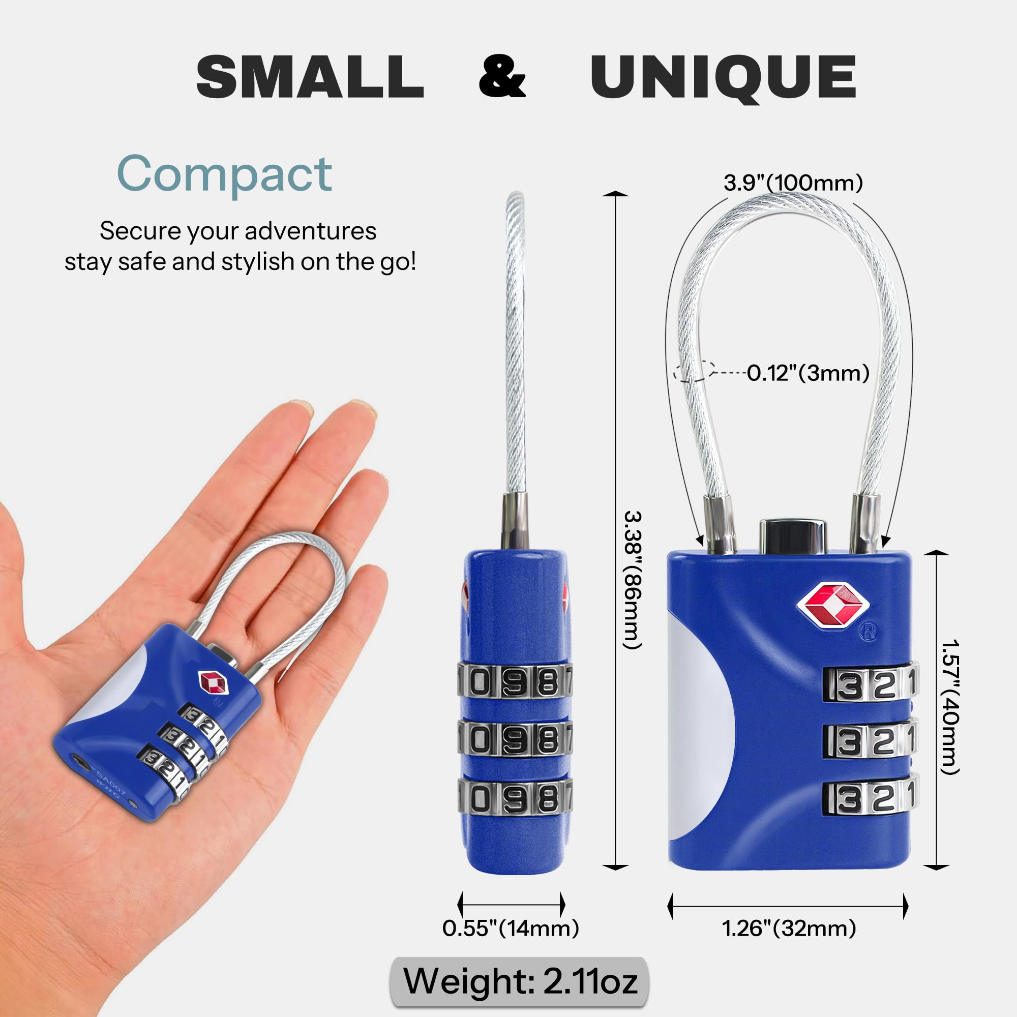 UP Security TSA Approved Locks for Luggage Small Combo Lock with Code, Travel Padlock with Cable - Image 2