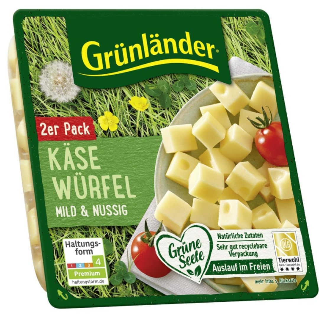 Mit Pufai Grocery, Grünländer Käsewürfel mild & nussig Schnittkäse käse 120 Gramm x 4 Stück [Frischegarantie]