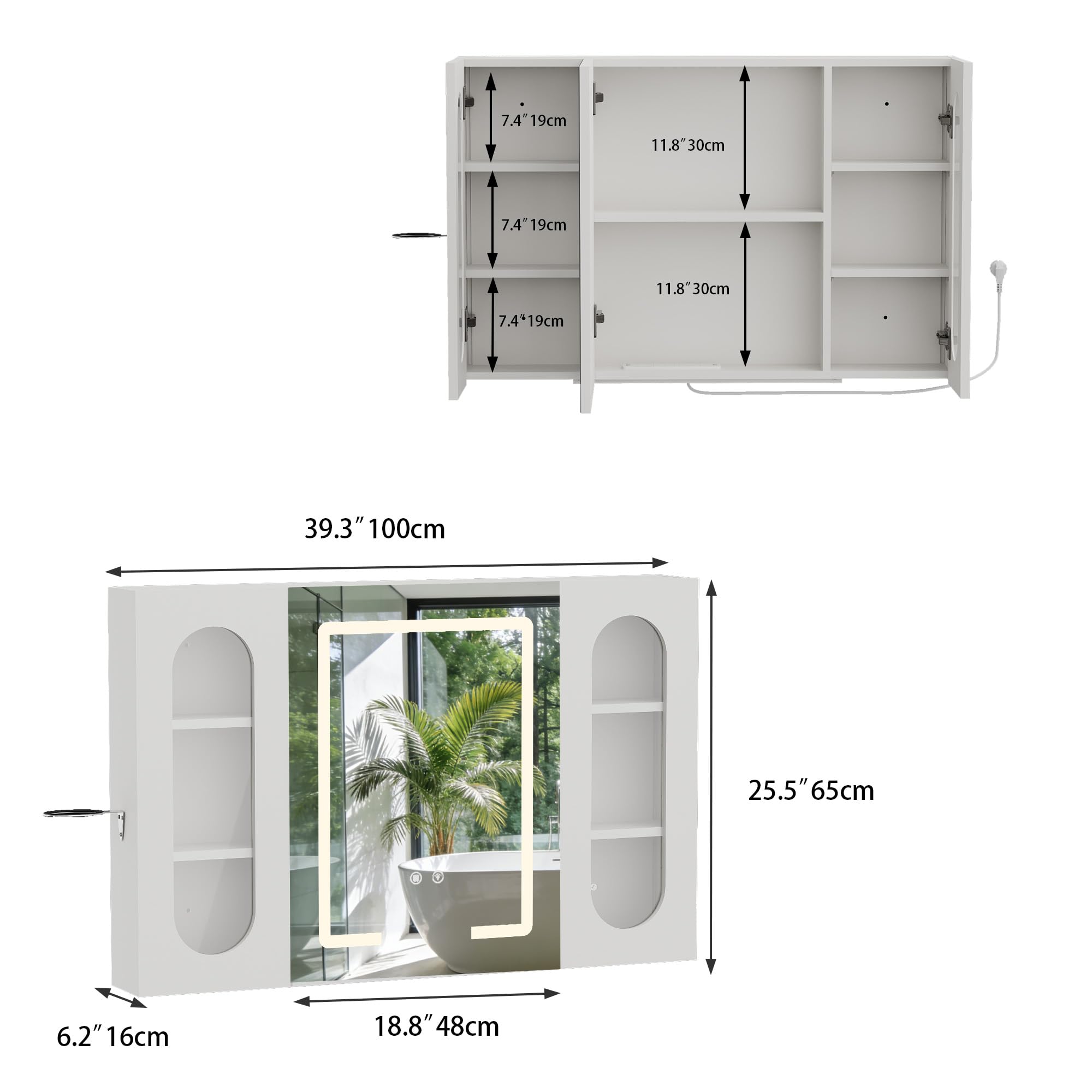 Armario Baño con Espejo LED iluminación y Función de desempañadora Armario Baño Espejo de Pared con Enchufe, 3 Compartimentos Grandes y Soporte para secador de Pelo, 100x65x16 cm