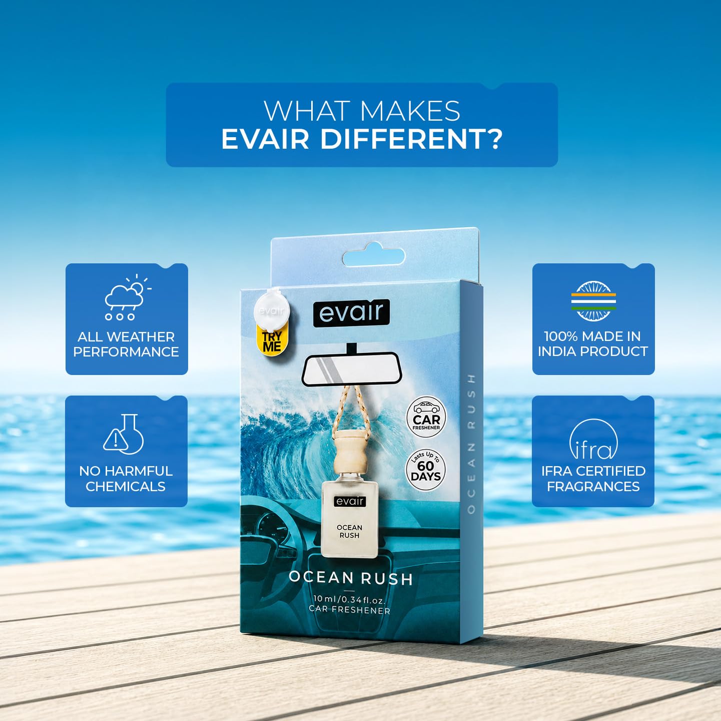 Evair OCEAN RUSH Luxury Car Air Freshener | Cool Aqua Essential Oil Hanging Car Perfume | Long Lasting Car Fragrance Diffuser | Premium Glass Bottle Wooden Diffuser Hanging Pod | 10ml (Pack of 1) 1