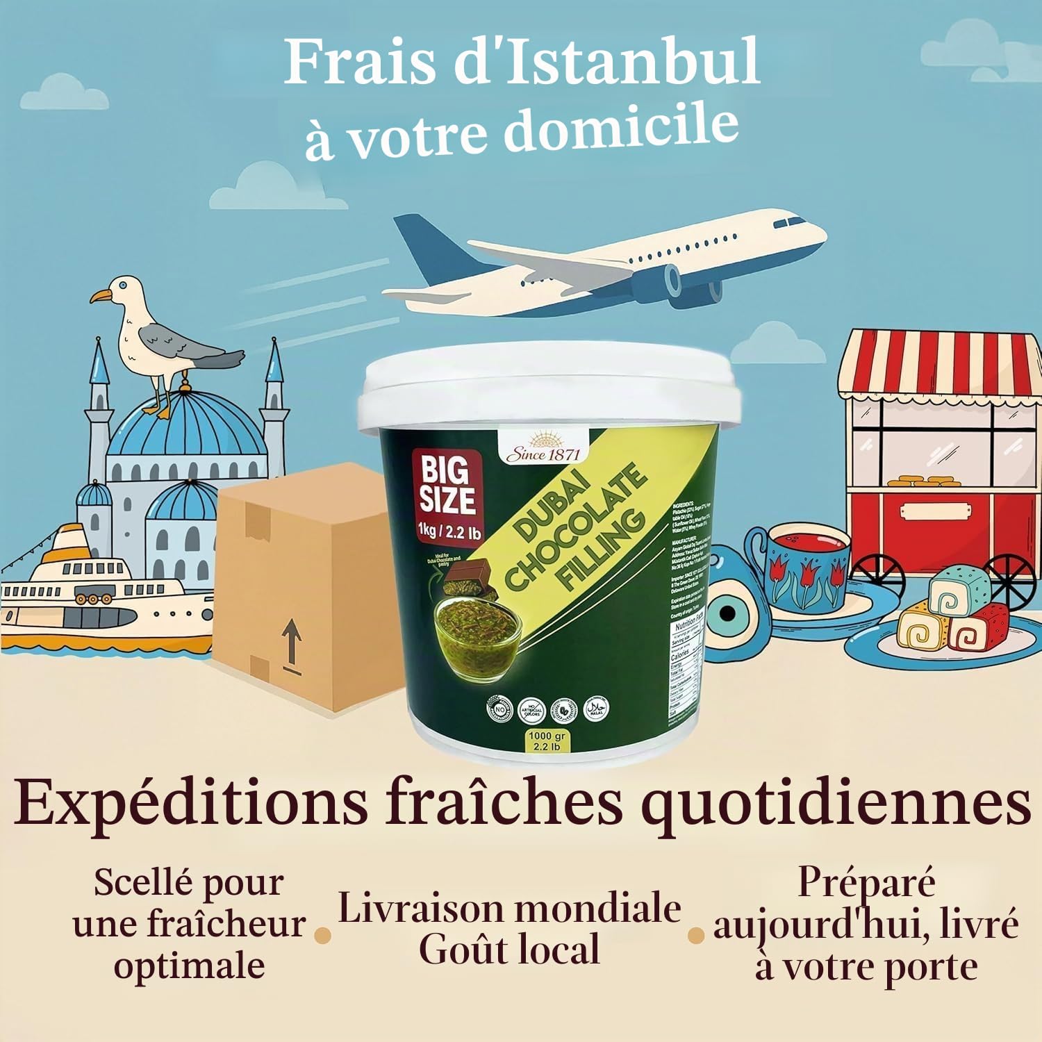 Garniture au Chocolat de Dubaï 1 Kg / 2.2 Lb de Crème de Pistaches avec Kadayif Croustillant | Dessert Gourmand du Moyen-Orient Meilleur Ingrédient pour le Chocolat de Dubaï | Trait Riche