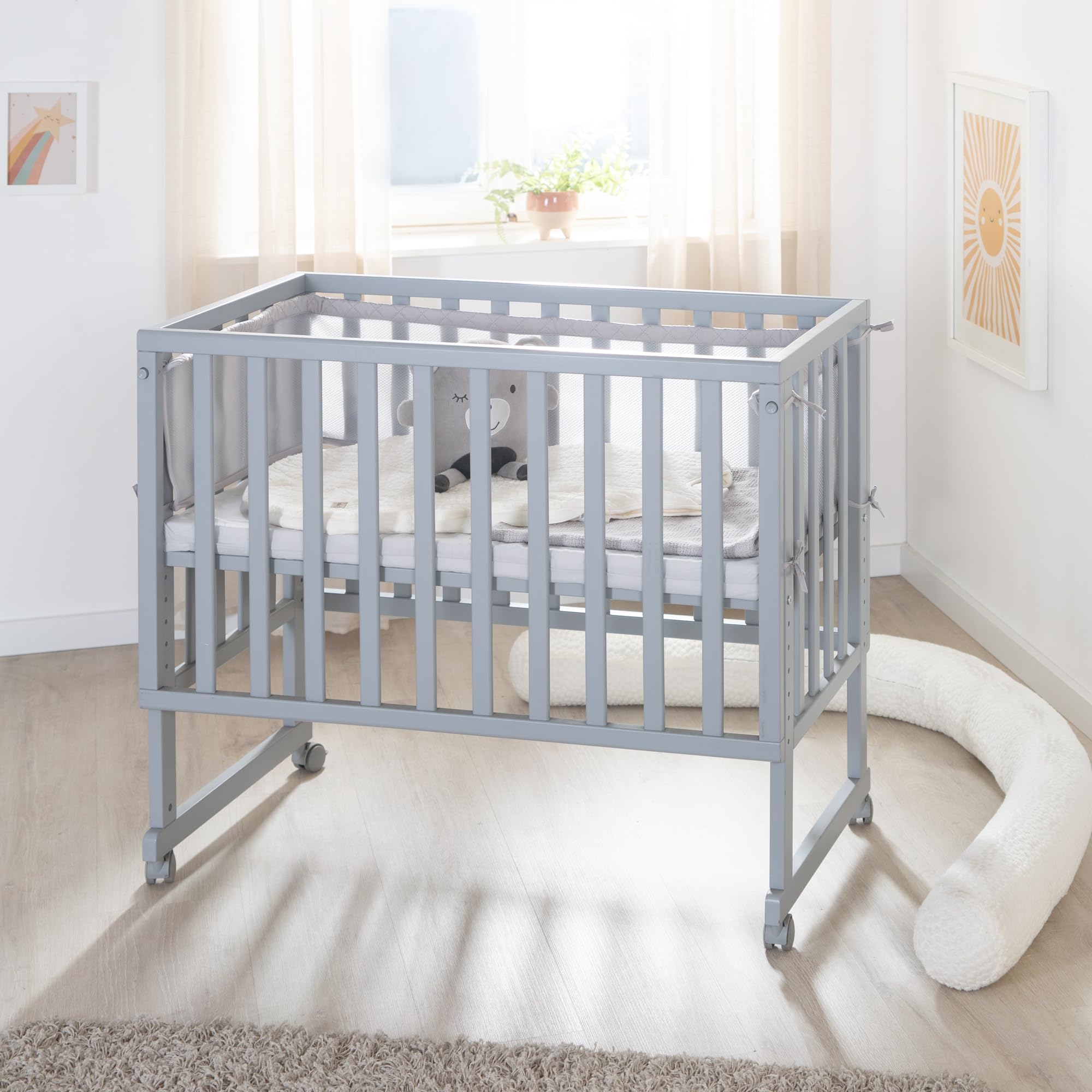 roba Lit et Berceau Cododo 'roba Style' 3 en 1 avec Barrière, Matelas et Bordure en Maille - Réglable en Hauteur pour Lit Parental - Barrières Latérales Amovibles - Dès la Naissance - Bois Gris