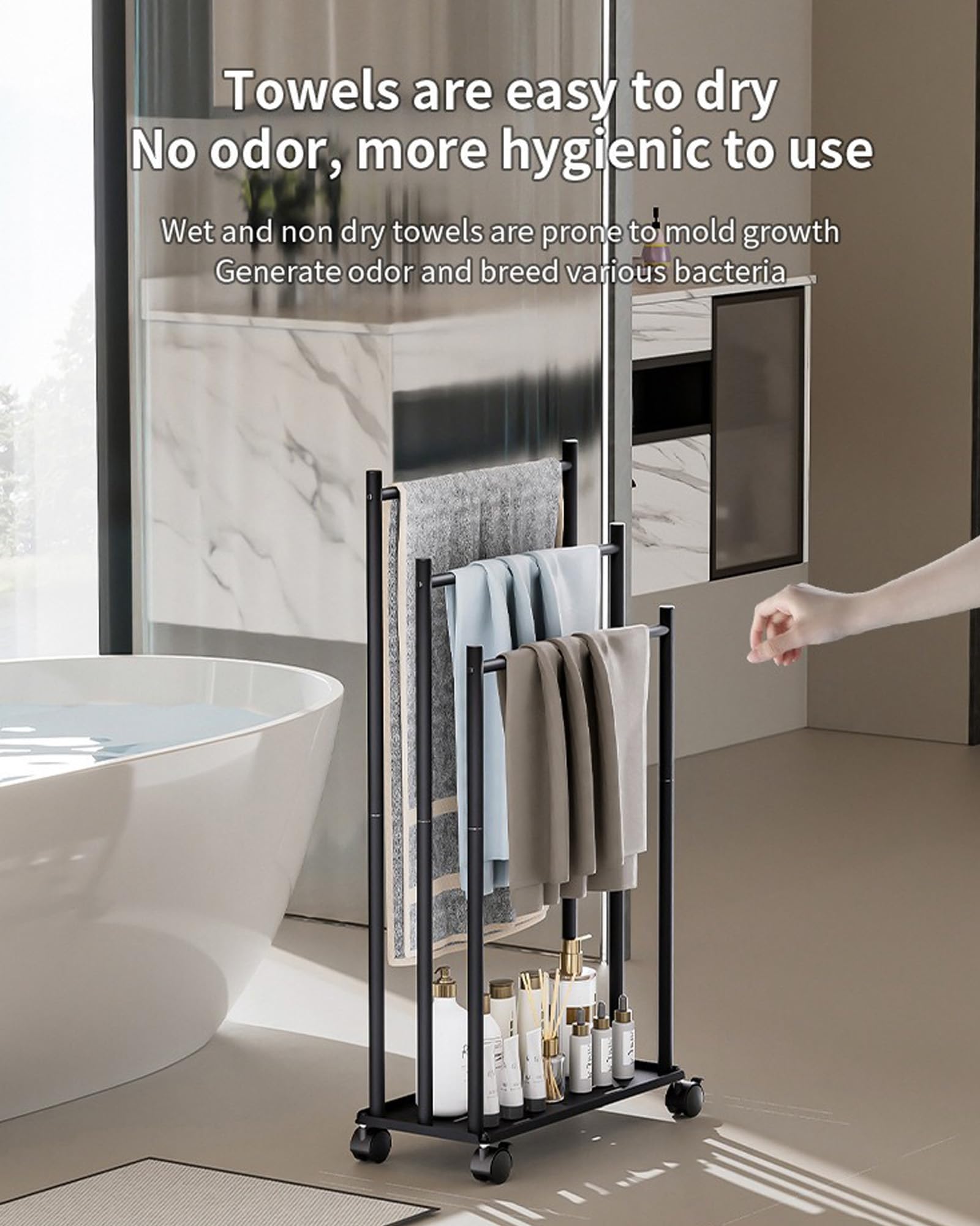 Toallero de Pie de 3 Niveles, Toallero Escalera con Estante y Ruedas, Ahorra Espacio, Material Metálico, Toallero de Piscina para Exteriores, para Baños, Salón, Negro