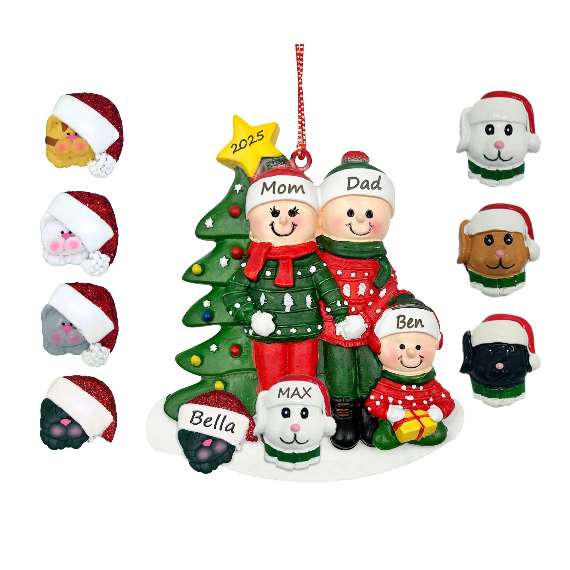 2025 Family Ornament with Dogs and Cats - Family of 3 Christmas Ornament with Add on Cat and Dog Personalized Family Christmas Ornaments with 2 Pets Dogs Cats