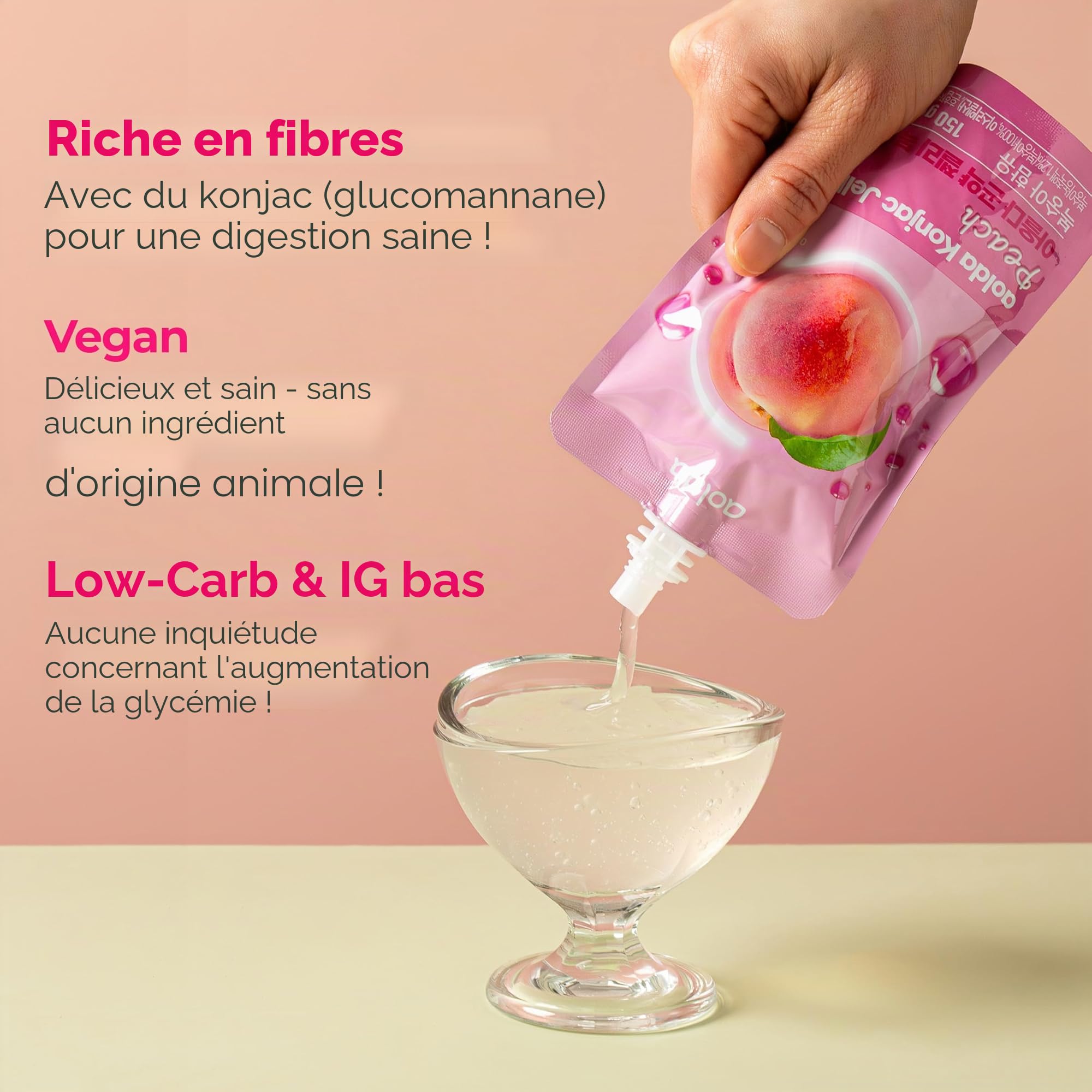 AOLDA Konjac à boire 150 g x 10 Faible en calories Sans sucre Végétalien riche en fibres Snack sain pêche