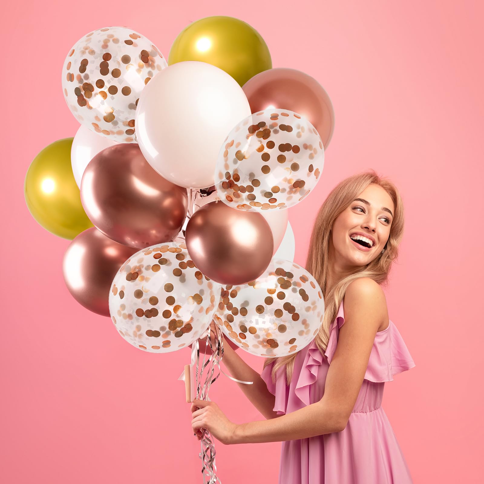 65-Pc Pink Gold Confetti Balloon Kit – 12 Inch Latex Balloons With Ribbons For Parties - View #5