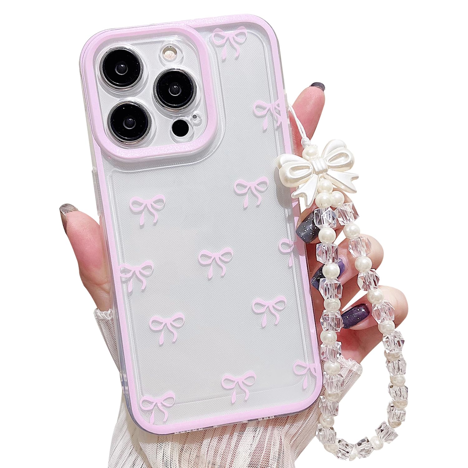 MINSCOSE for iPhone 13 Pro Clear Case, Cute Bow Love Heart Pattern Transparent Ribbon Design with Charms Chain Bracelet, Stylish Slim Shockproof TPU