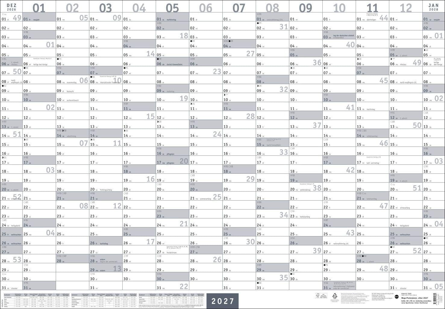 Mega-Posterplaner, silber 2027: Großer Jahresplaner in silber. Wandkalender 2027 zum Eintragen. XXL Büro-Kalender mit Ferienterminen und Feiertagen. 68 x 98 cm