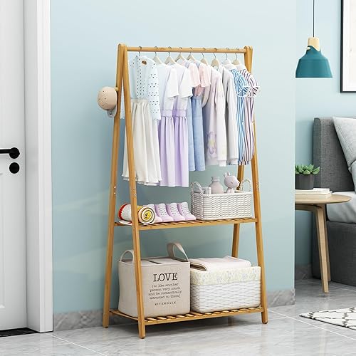 Miniatura 3 de Perchero de ropa para niños para colgar ropa, pequeños estantes de ropa de madera de bambú para almacenamiento de ropa con estantes para secar la