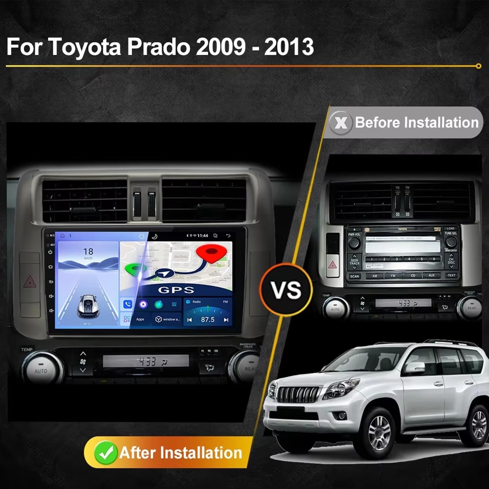 9 Pulgadas Doble DIN Android 15 Radio de Coche para Toyota Land Cruiser Prado 150 2009-2013 con CarPlay Cámara de Respaldo Controles del Volante GPS Navi Enlace al Espejo(H6 6G+128G)