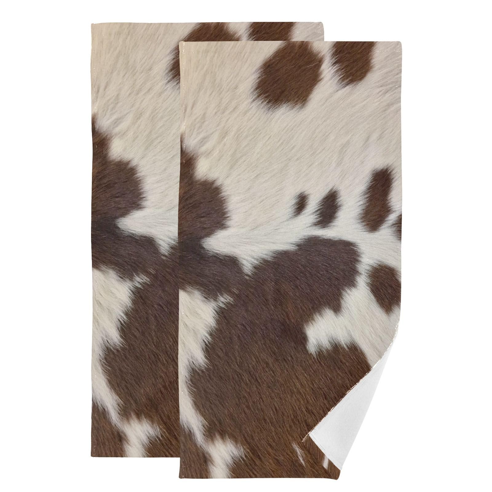 Brown Beige Cow Print Hand Towels for Bathroom Set of 2,Soft Absorbent Rustic Western Cowhide Farm Animal Kitchen Dish Towels,Decorative Guest Bathroom Towels for Face,Hair,Gym,Shower 14"x28"