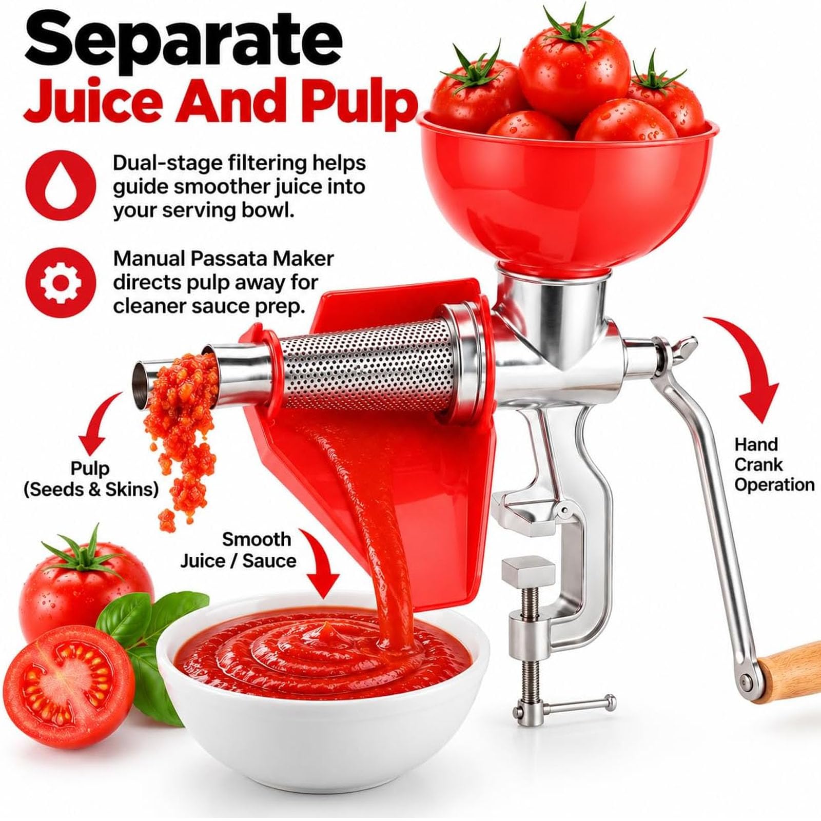 Colador de Tomate de Metal, Exprime Fácilmente, Manivela