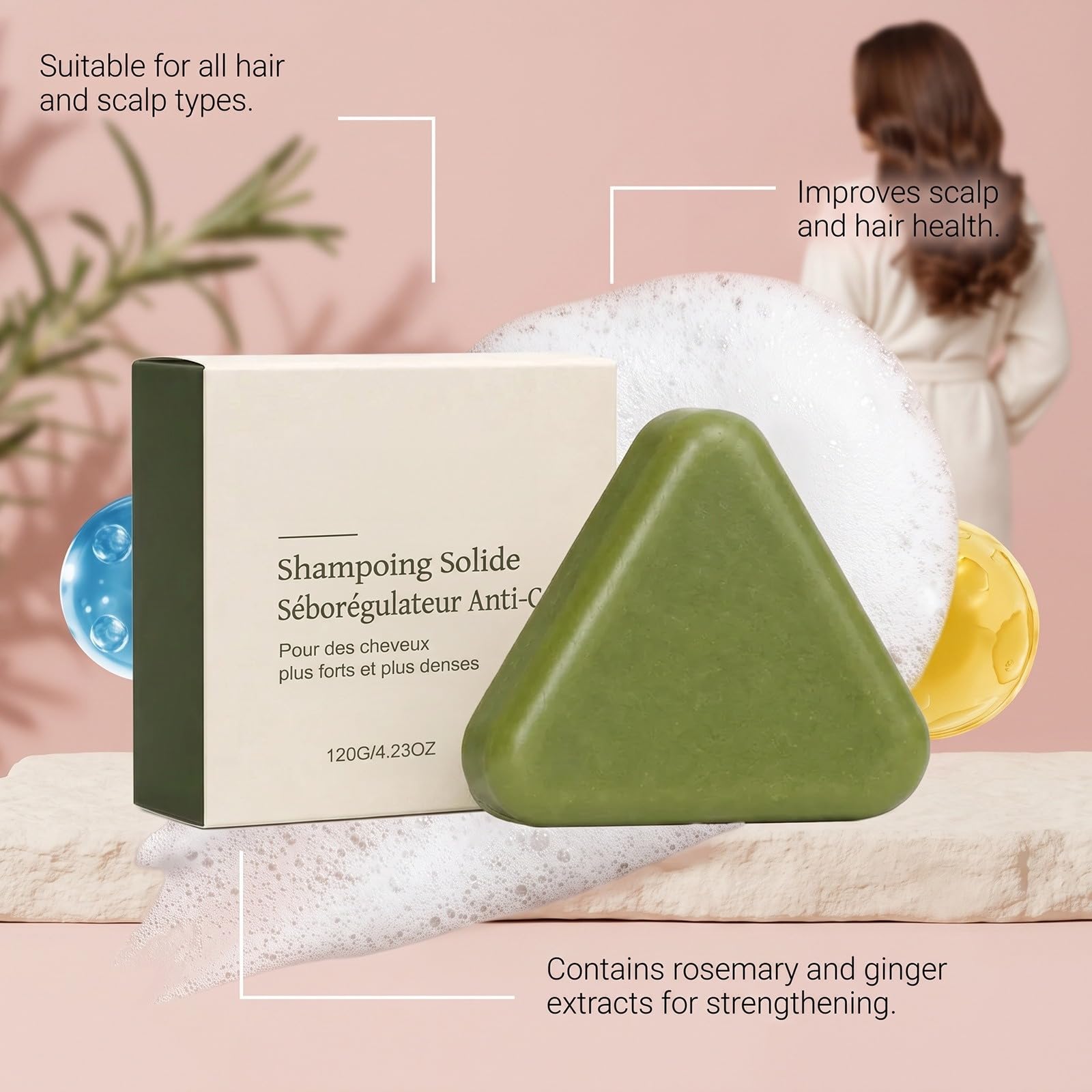 Natural Triangular Soap Shampoo - Potrójny Effective Vegetable Oil Complex | Szampon z naturalnych roślin do delikatnego oczyszczania i pielęgnacji, silnych i smoothów do włosów - dla mężczyzn i kobiet