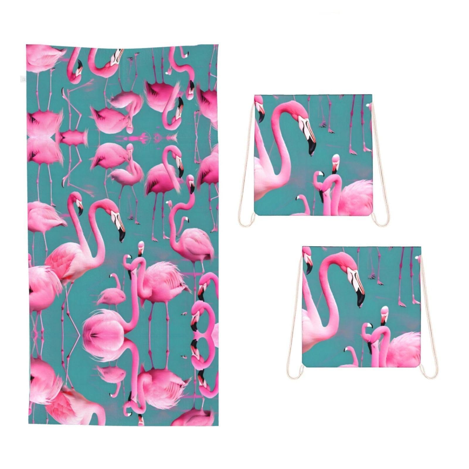 CNTDBU A flock of flamingos 2 in 1 Packable Towel Bag-Large Beach Towel with Stuff Sack, Super Absorbent Microfiber Travel Towel for Pool