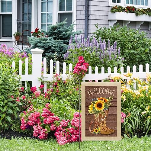 Miniatura 5 de Botas de girasol, bandera de jardín, bandera de bienvenida de verano, 12 x 18 pulgadas, botas de vaquero florales de doble cara, banderas de