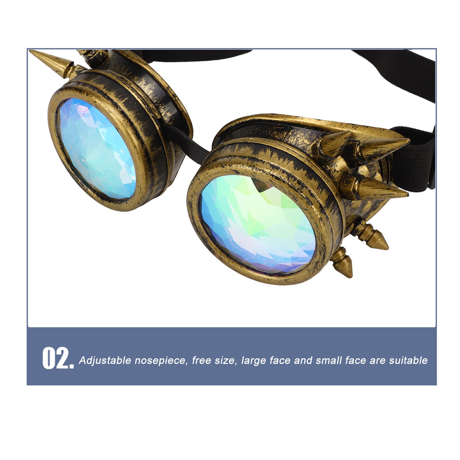 Halloween Kaleidoscope Rave Goggles with Rainbow Crystal Lenses, Adjustable, Psychedelic Steampunk Style, Bronze, for Costume Party - Image 3