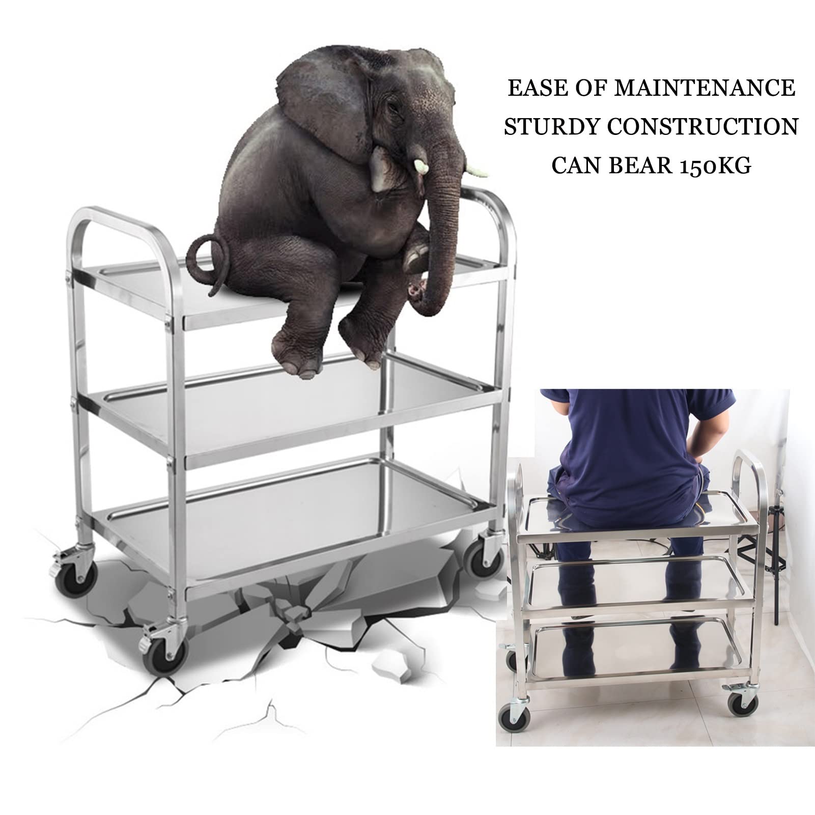 Chariot de cuisine roulant en acier inoxydable – Étagère utilitaire à 2 niveaux sur roulettes, support de rangement peu encombrant pour la maison, chariot de salle à manger et de cuisine, chariot de