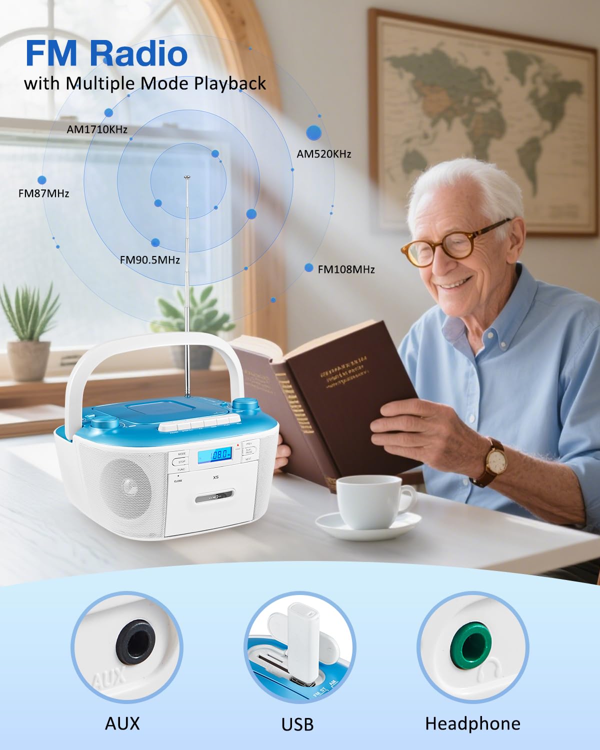 Gelielim Combo de reproductor de casete de CD, radio portátil AM/FM para el hogar, sonido estéreo, recración de cinta, unidad AUX/TF/USB, alimentación CA/CC, conector para auriculares, interior y