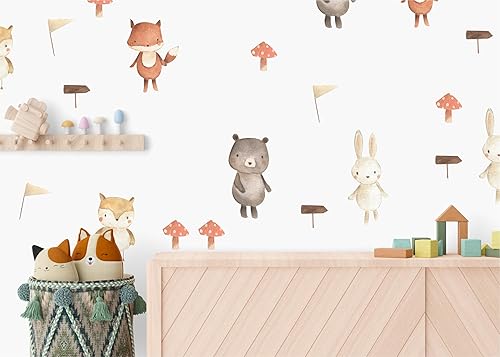 Miniatura 7 de Calcomanías de pared de animales del bosque, calcomanías de pared de tela, calcomanías de pared con temática de bosque de acuarela para habitación