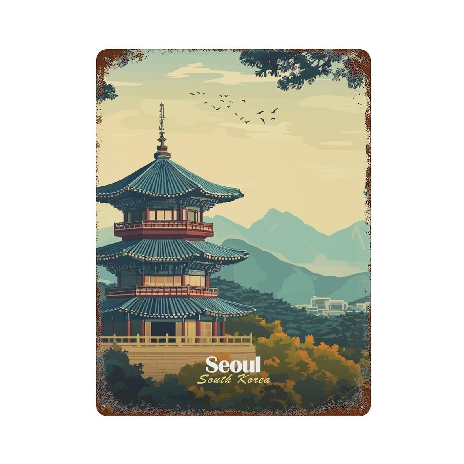 Distressed Metal Wall Sign Seoul Pagoda Landscape 15.7"x11.8", Decorative Metal Wall Art for Farmhouse, Kitchen And Entryway Decor