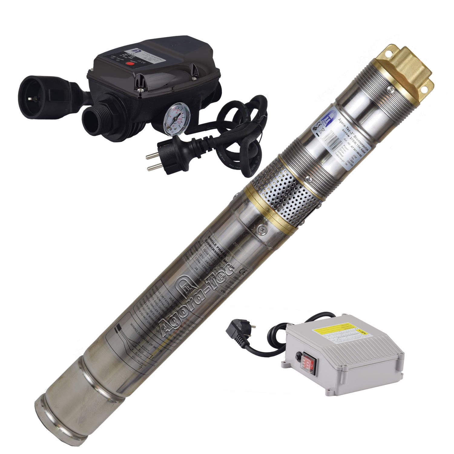 Agora-Tec® 3 Zoll Tiefbrunnenpumpe 370W-screw Set 15m Kabel | inkl. Pumpensteuerung Dwv-5 & Trockenlaufschutz | Schraubenpumpe sandresistent | 1800l/h | 75m Förderhöhe | 7,5 bar | Ø 76mm