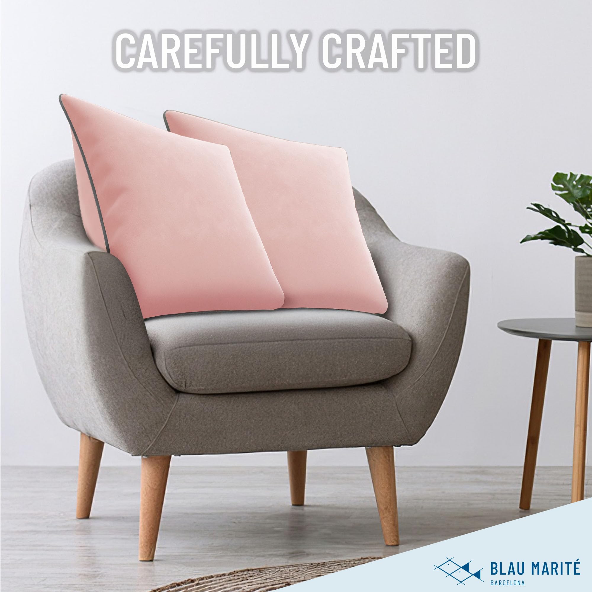 Blau Marité Set of 2 Velvet Throw Pillow Covers with Contrast Piping, Soft Decorative Cushion Covers, Pink and Grey, 18"x18" (45x45 cm) - Image 3