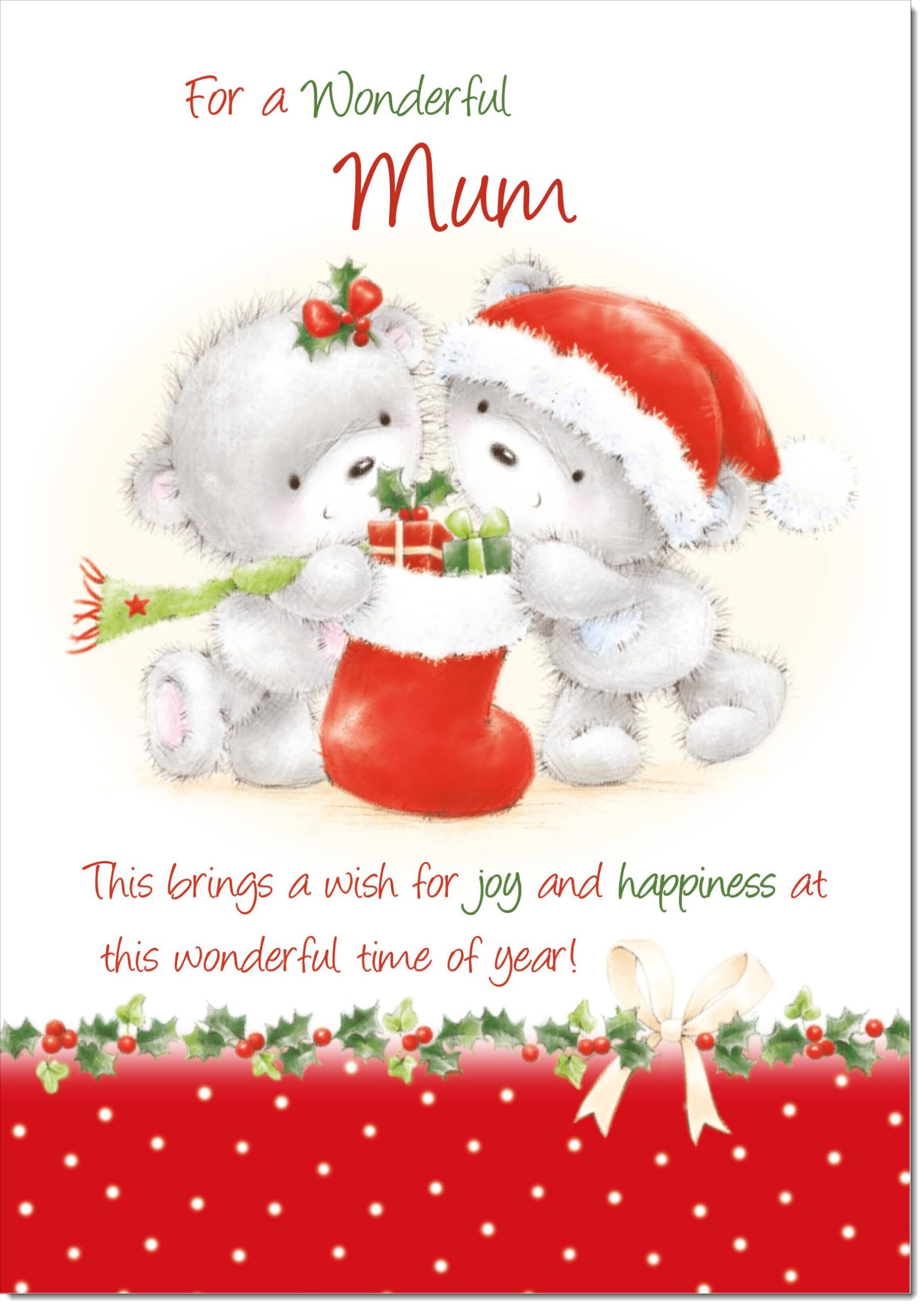 doodlecards Mum Christmas Card Cute Bears with Stocking Large A4 Size Christmas Card for Mum with Plain Envelope