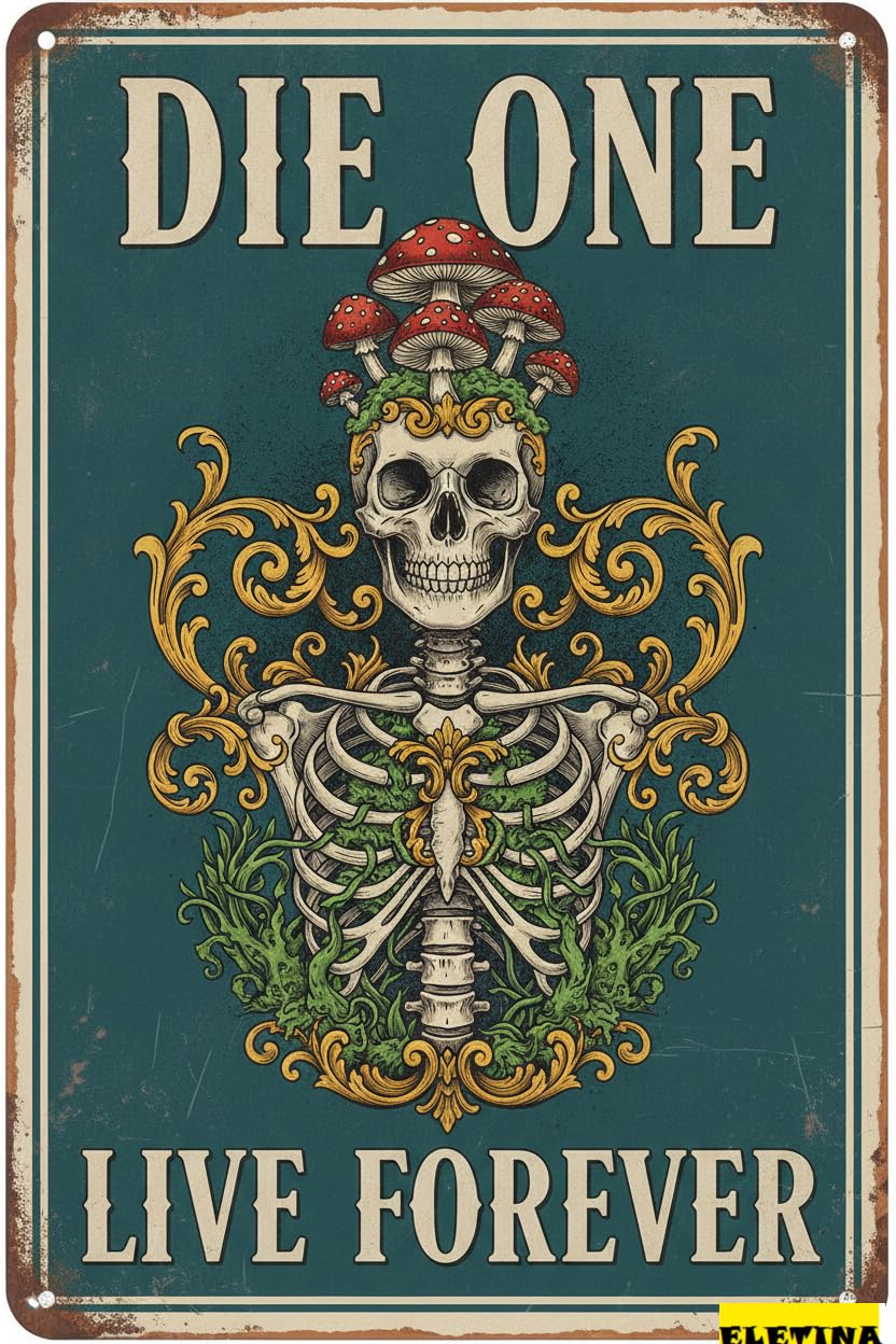 Personalized Sign for Man Cave Mushroom Skull Vintage Metal Die One Live Ever Funny Street Bedroom Decor 8x12inch Private Property Decorative