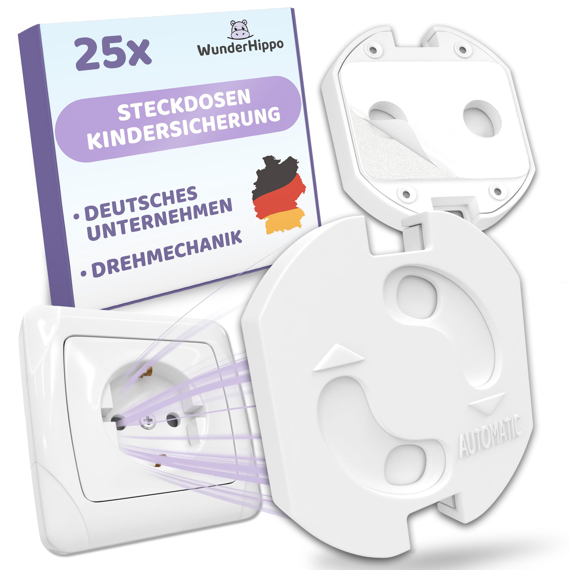 WunderHippo 25x Steckdosensicherung mit Drehmechanik – Kindersicherung für Steckdosen – Steckdosenschutz verhindert Unfälle & Stromschläge – Schutz für Babys & Kinder – Steckdose Kinderschutz – Weiß