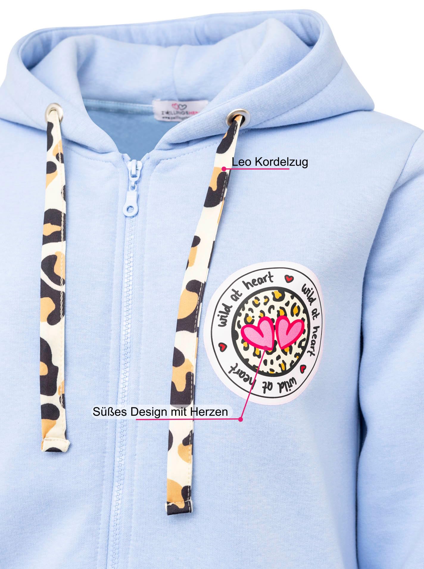 Zwillingsherz Damen Sweatshirt Jacke mit Kapuze – Kuschelige Oversize Hoodie-Jacke – Weiche Sweatjacke für Frauen mit Leo Kordelzug und Herzen – Stylischer Look für Frühling, Herbst & Winter