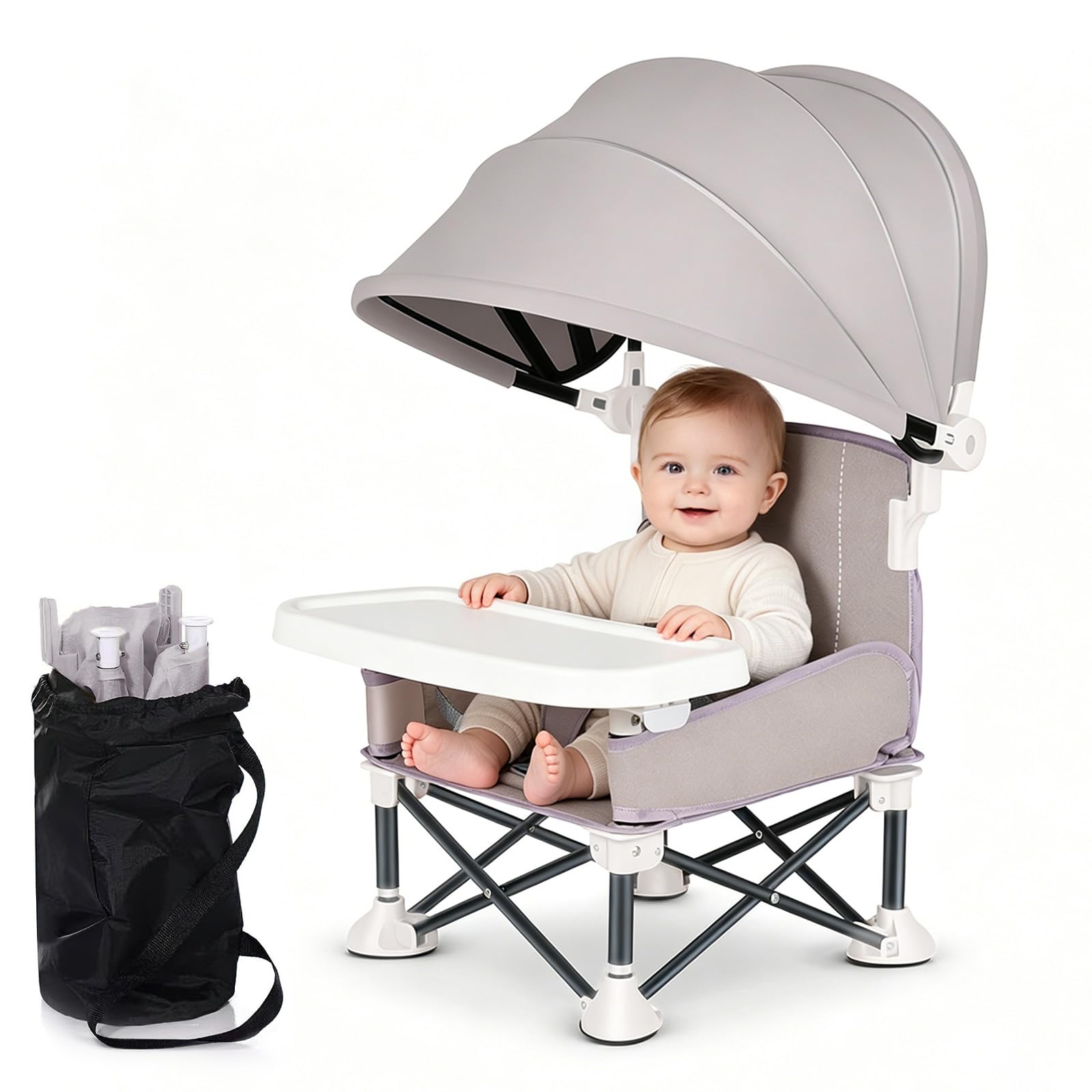 Baby Campingstuhl, Tragbarer, zusammenklappbarer Kinderhochstuhl, für drinnen und draußen geeignet, Kinderklappstuhl mit abnehmbarem Tablett, 6 Monate - 6 Jahre (Grau)
