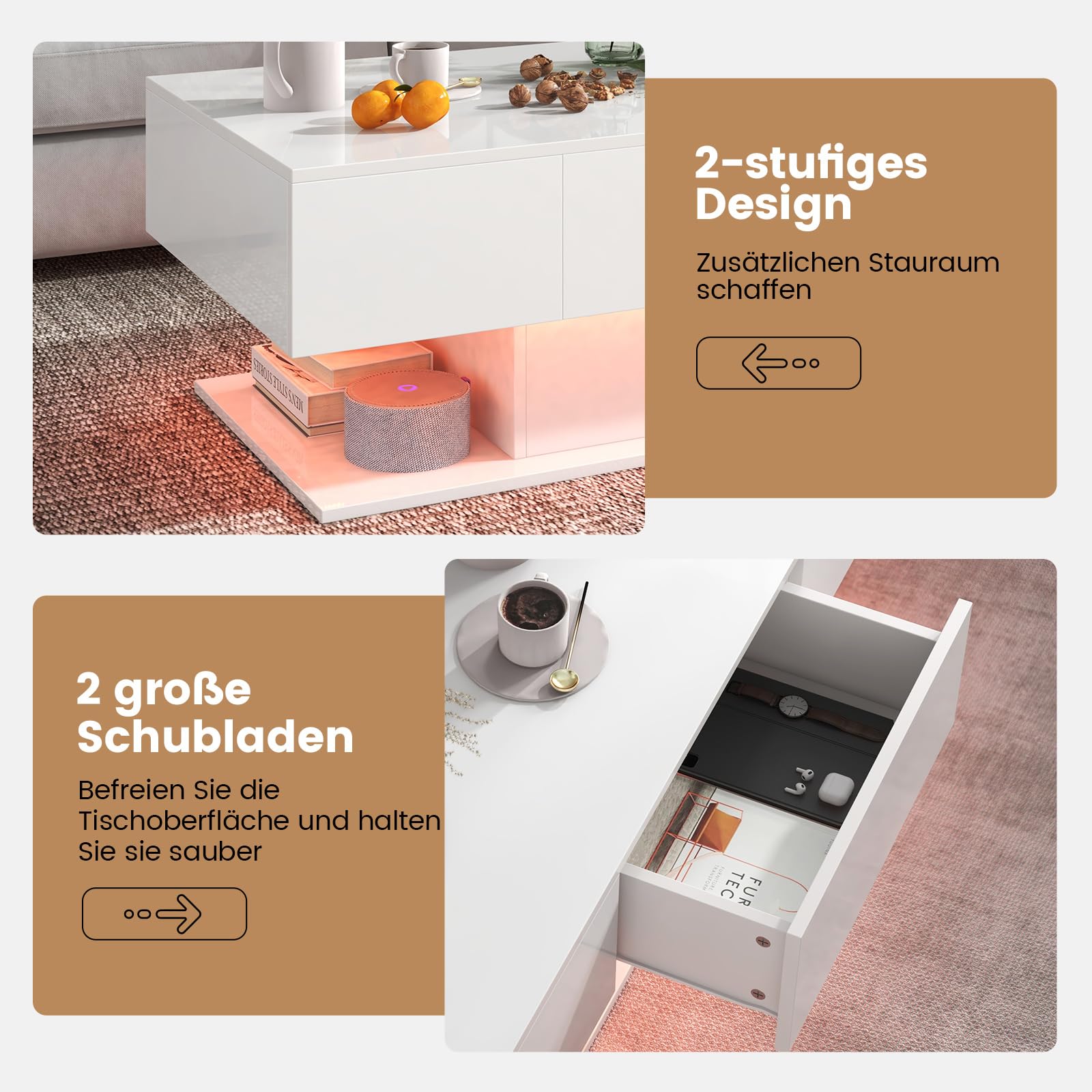 COSTWAY Couchtisch mit LED Beleuchtung, Hochglanz, 20 Farben | Helligkeit einstellbar, Wohnzimmertisch mit 2 Schubladen, Kaffeetisch für Wohnzimmer, inkl. Fernbedienung, 110x60x40 cm (Weiß)