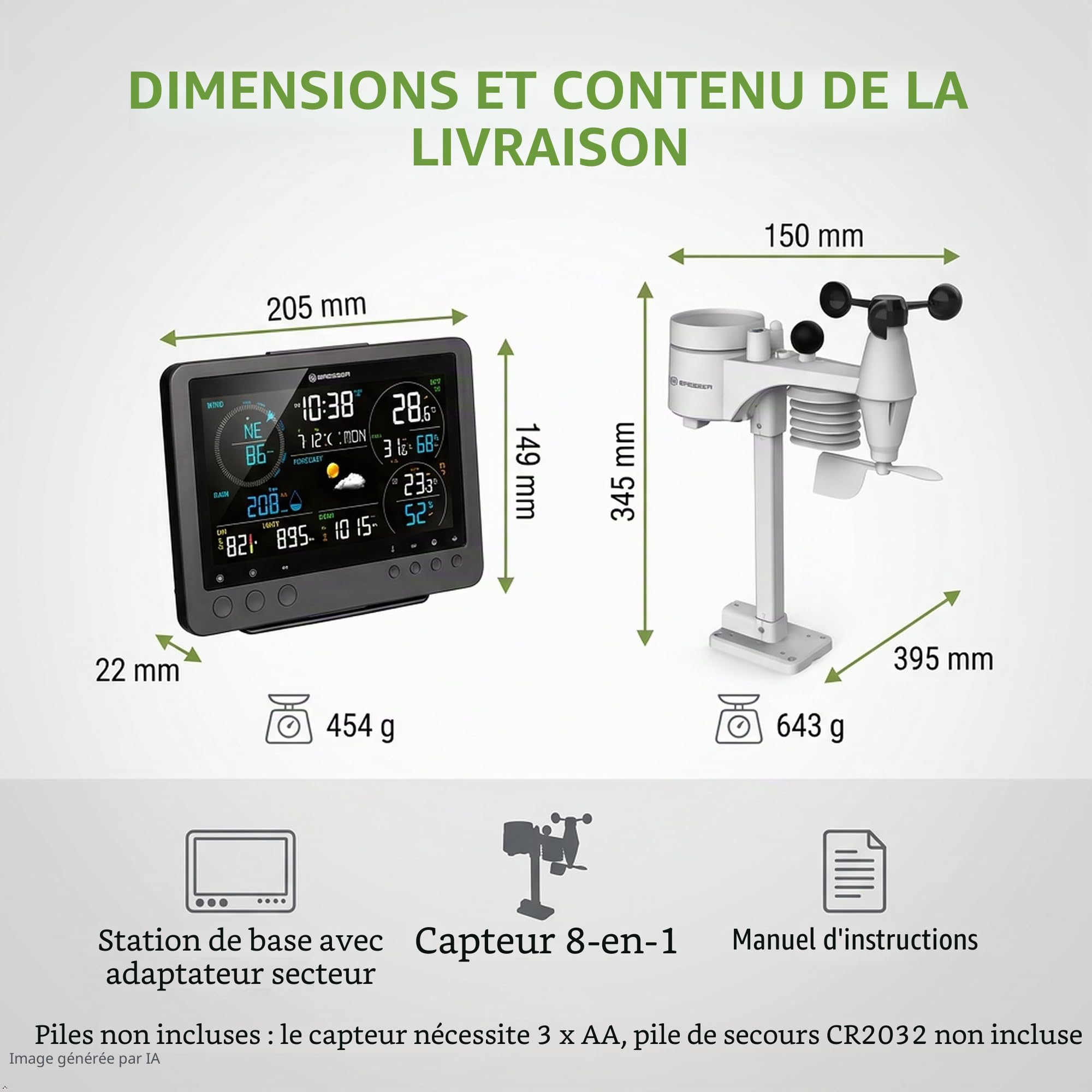 Bresser Station météo WiFi avec capteur 8-en-1 pour WBGT, UV, vent, pluie, lumière, pression, climat intérieur, prévision | Bresser Bise Station météo sans fil professionnelle Wifi 8 en 1