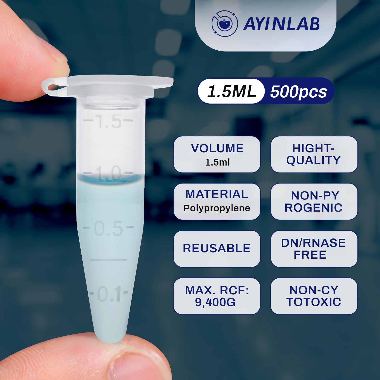 1,5 ml Mikrozentrifugenröhrchen von AyinLab - 500 Stück​​ Hochreine Polypropylen-Röhrchen mit auslaufsicheren Verschlusskappen und klarer Messskala