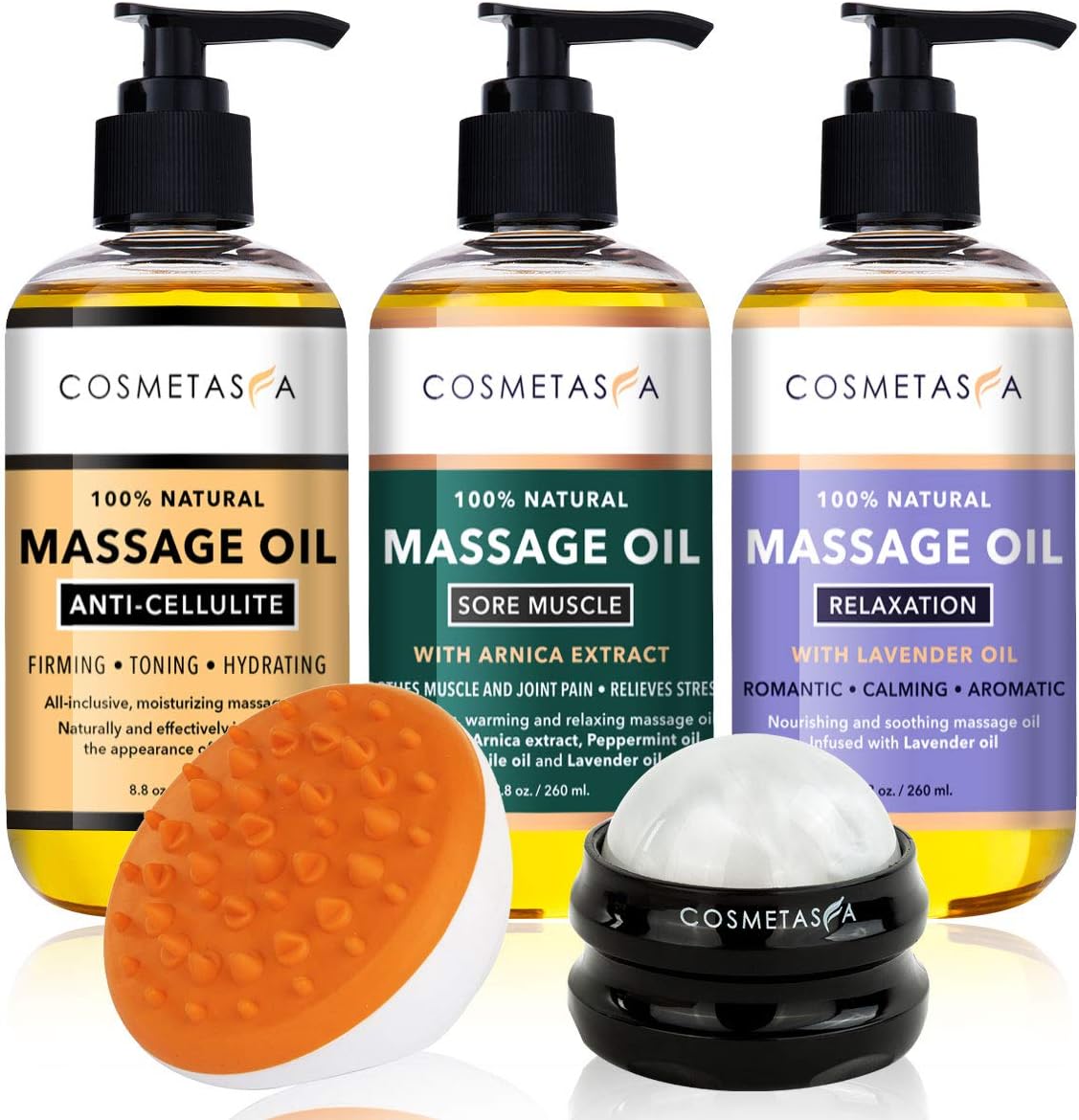 Cellulite, Sore Muscle & Lavender Relaxation Massage Oils with Roller Massage Ball and Massager Mitt- Perfect Spa Treatment Gift Set : Health & Household