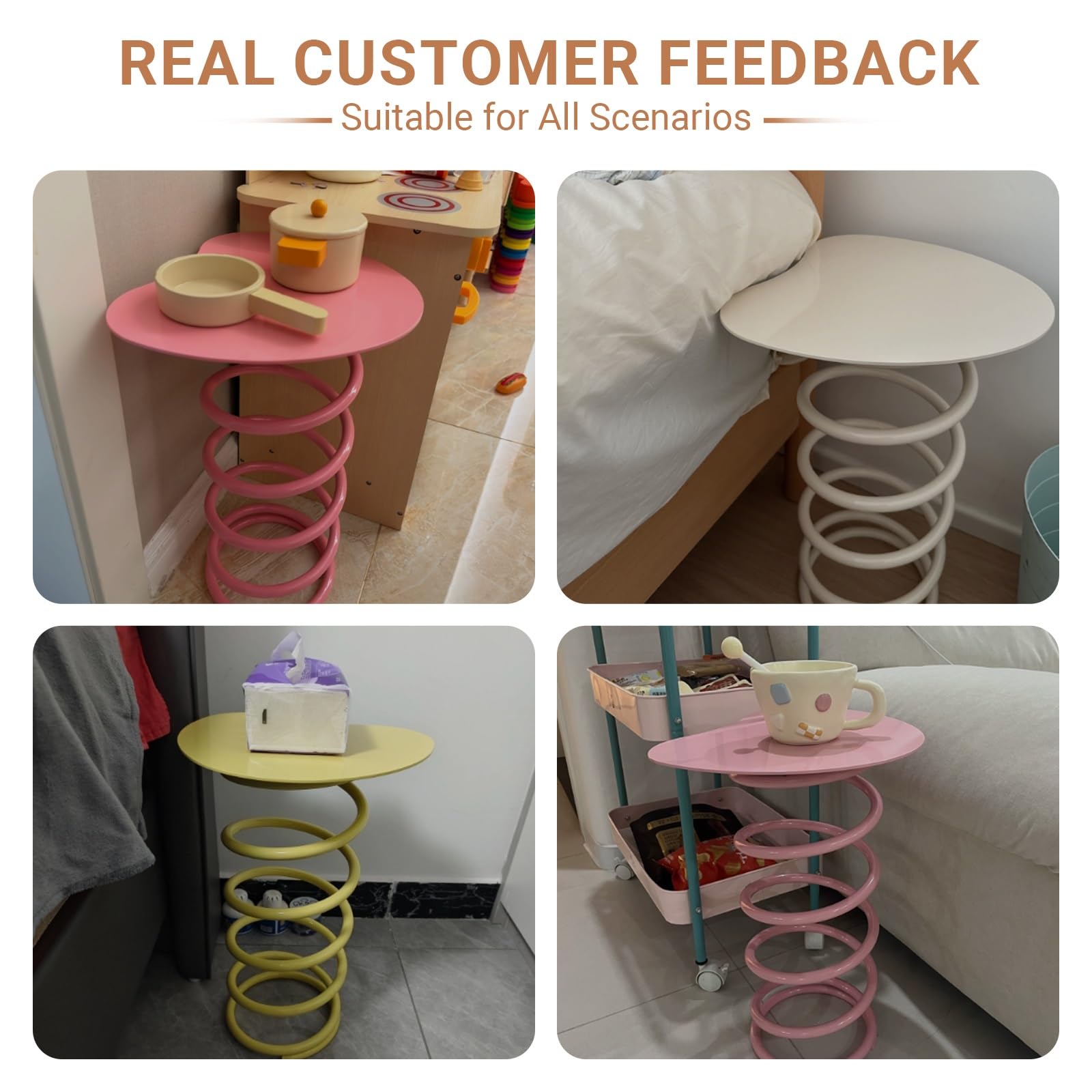 Creative Metal Spring Modeling End Tables, Modern Colorful Samll Accent Side Table, Irregular Desktop, No Installation Required for Living Room, Balcony, Bedroom(White)