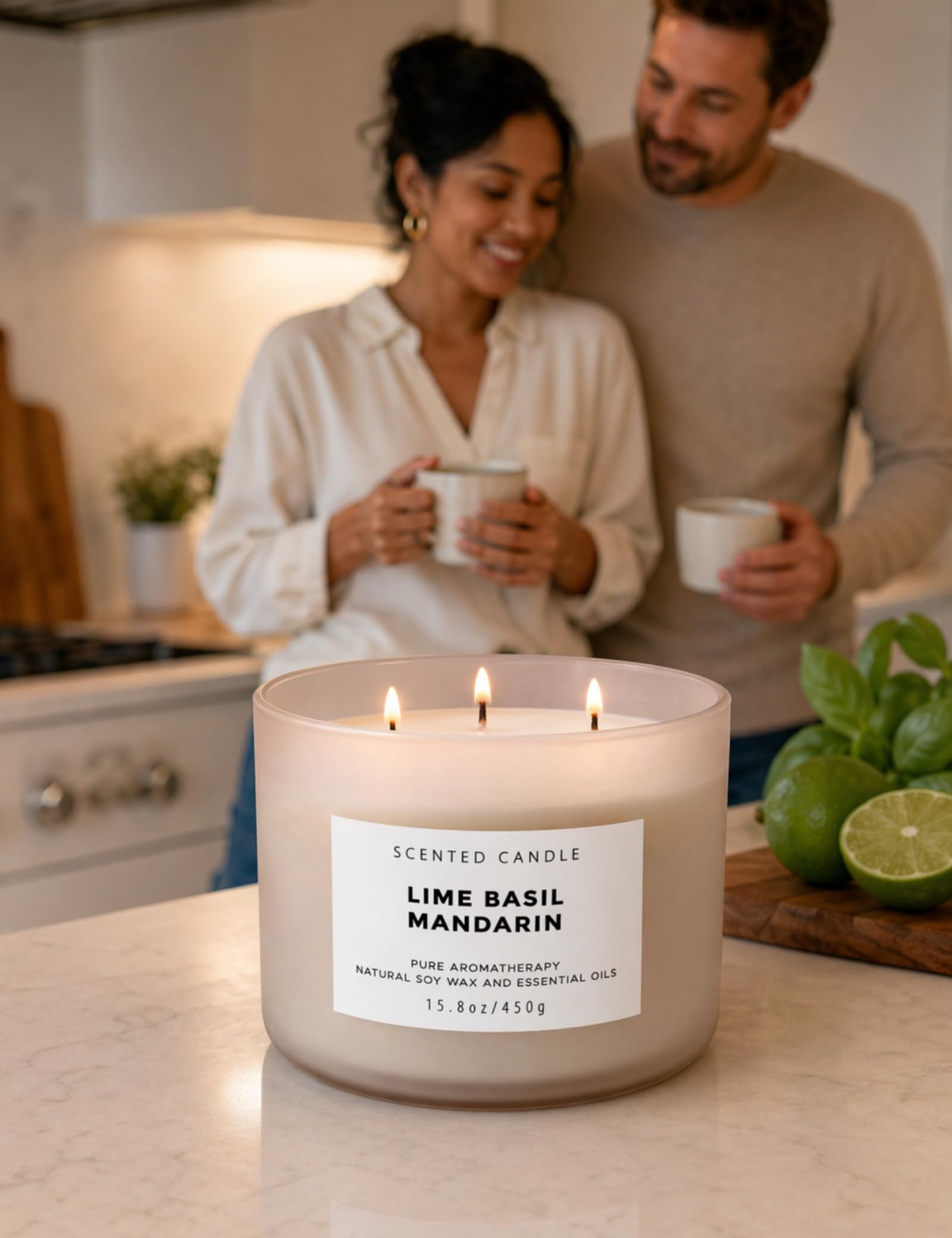 Candela di soia con 3 stoppini al lime, basilico e mandarino, candela profumata per la casa, fragranza pulita e a lunga durata, fragranza di erbe fresche e agrumi, pronta per il regalo