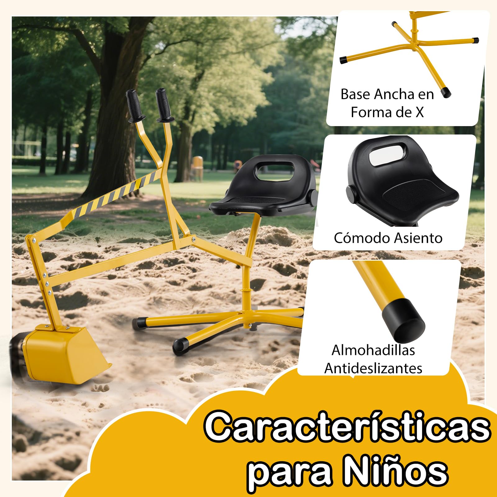 GOPLUS Juguete Excavadora para Niños con Base Giratoria de 360°, Juguete Construcción para Arenero Controles con Dos Manos, para Arena Tierra Nieve, Excavador Metálico para Niños de 3+ Años (Amarillo)