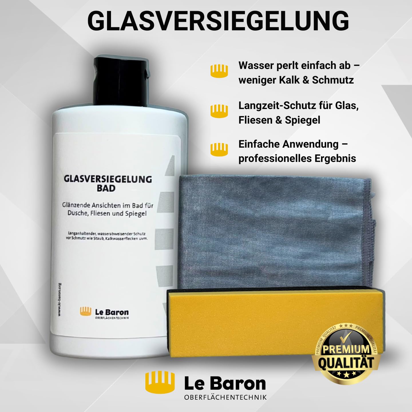 Le Baron Glasversiegelung Bad, Set mit Mikrofasertuch und Applikator, Dusche und Fliesen Versiegelung