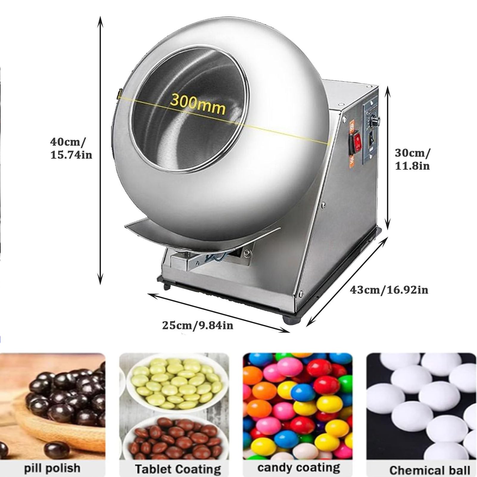 Máquina Comercial para Recubrimiento de azúcar de 300 mm, máquina automática para Recubrimiento y Pulido de tabletas, Caramelos, Pastillas y condimentos alimentarios. (300mm)