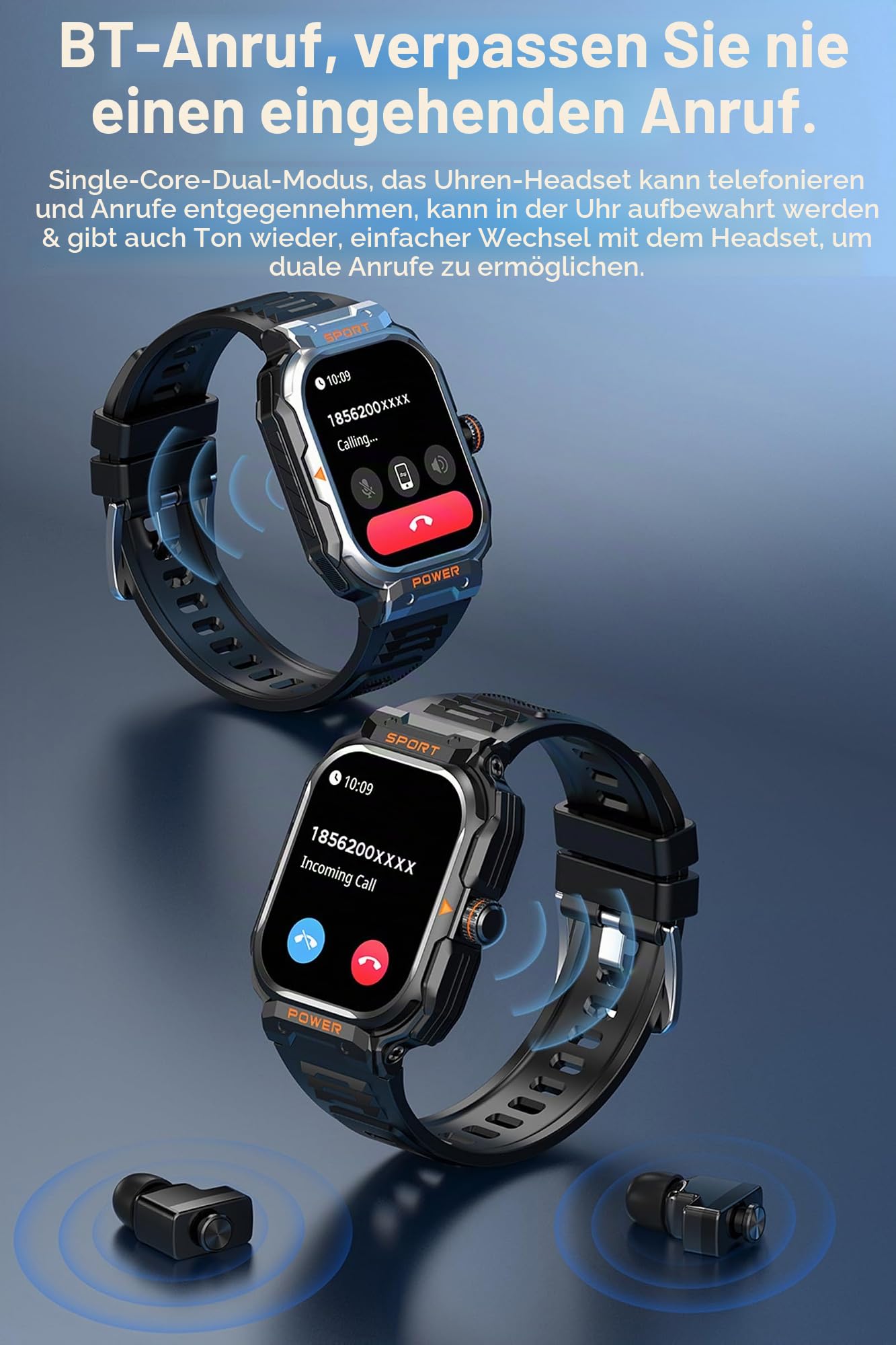 Herren Smartwatch mit Kopfhörer Bluetooth in Ear Laufuhr Schrittzähler Uhr Fitness Tracker Militär Sportuhren Pulsuhr Fitnessuhr Blutdruck Telefonfunktion Schlafmonitor TWS Headset