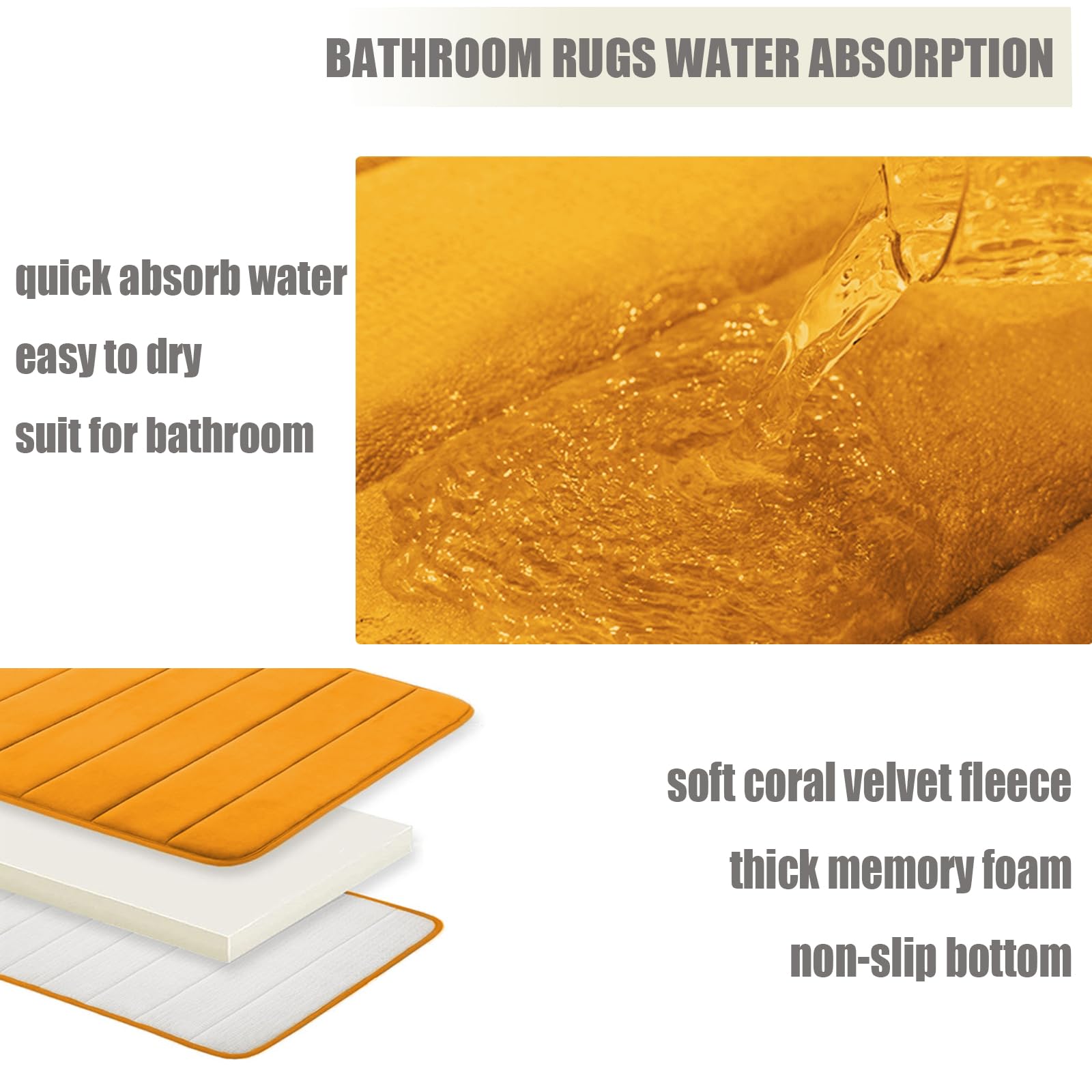 Lot de 3 tapis de bain doux antidérapants en mousse à mémoire de forme, lavables en machine, pour salle de bain, chambre à coucher, salon, plusieurs couleurs, orange